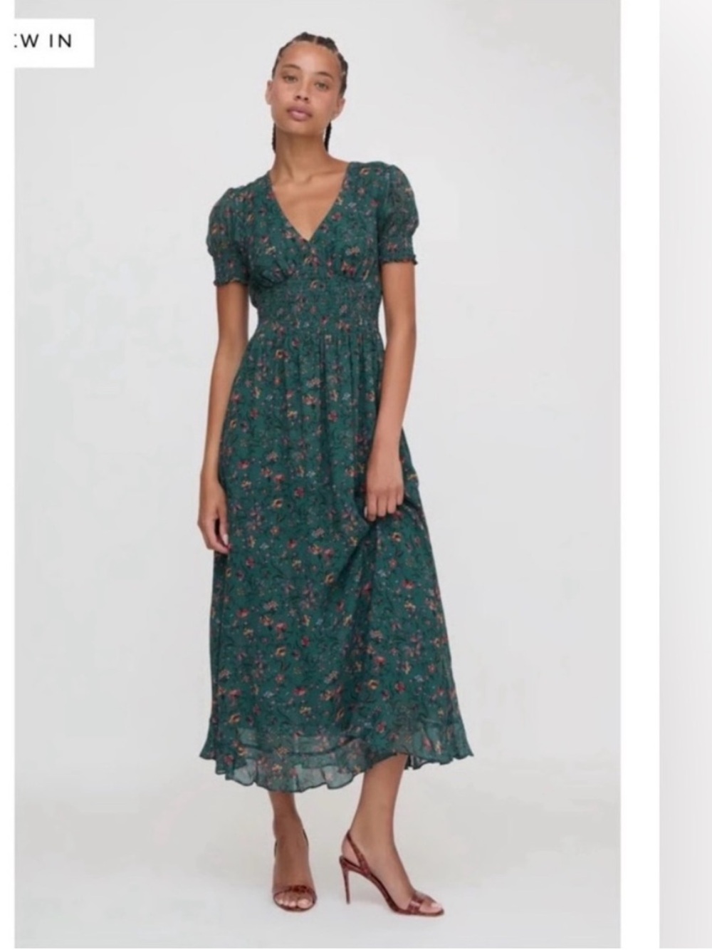 Hill House Teal Green Floral V-Neck Midi Dress